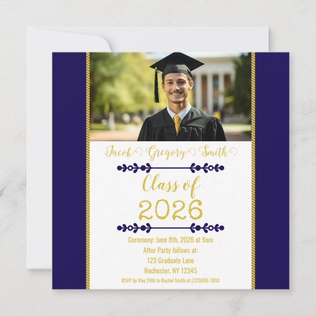 Invitación Navy Blue with Gold Graduation Invitation (Anverso)