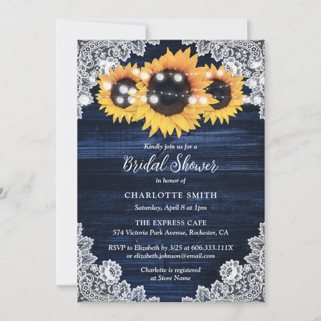 Invitación Navy Blue Wood and Lace Sunflower Bridal Shower (Anverso)