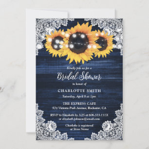 Invitación Navy Blue Wood and Lace Sunflower Bridal Shower