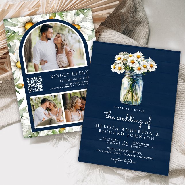 Invitación Navy Blue Wood Daisies Mason Jar QR Code Wedding (Subido por el creador)