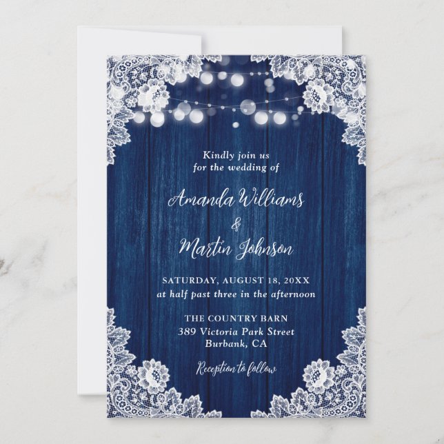 Invitación Navy Blue Wood Lace Romantic Rustic Chic Wedding (Anverso)
