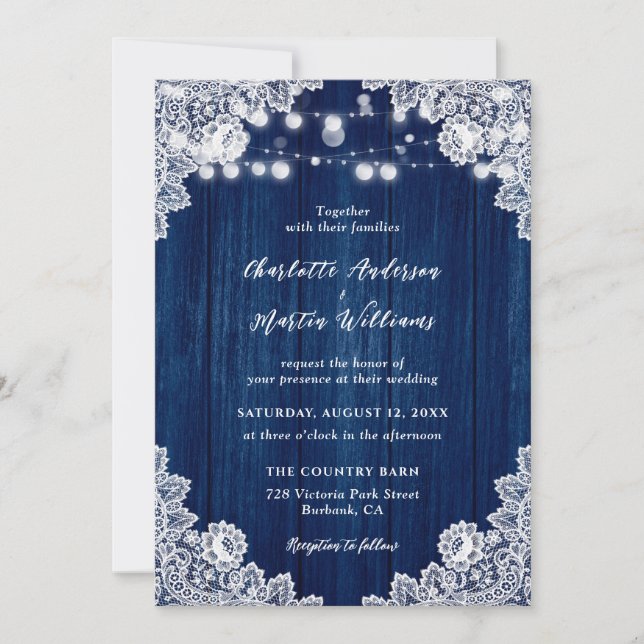 Invitación Navy Blue Wood String ilumina Boda de encaje flora (Anverso)
