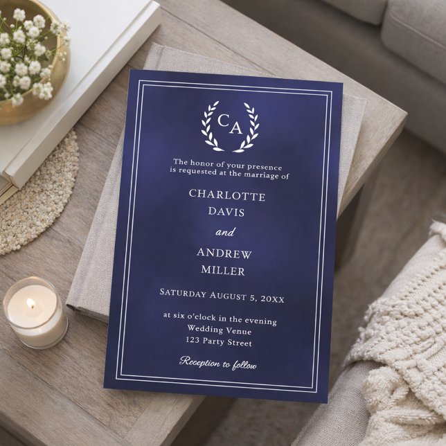 Invitación Navy blue wreath monogrammed simple wedding  (Subido por el creador)
