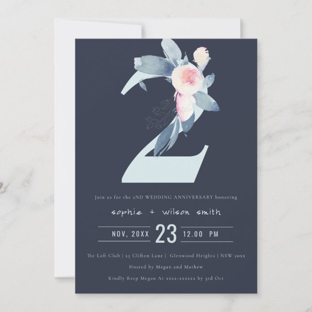 INVITACIÓN NAVY BLUSH AZUL FLORAL 2º ANIVERSARIO DE CUALQUIER (Anverso)