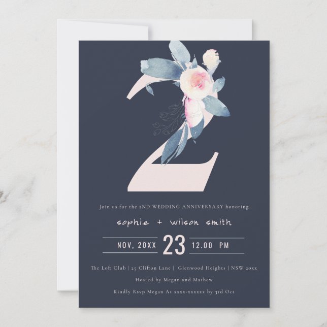 INVITACIÓN NAVY BLUSH AZUL FLORAL 2º ANIVERSARIO DE CUALQUIER (Anverso)