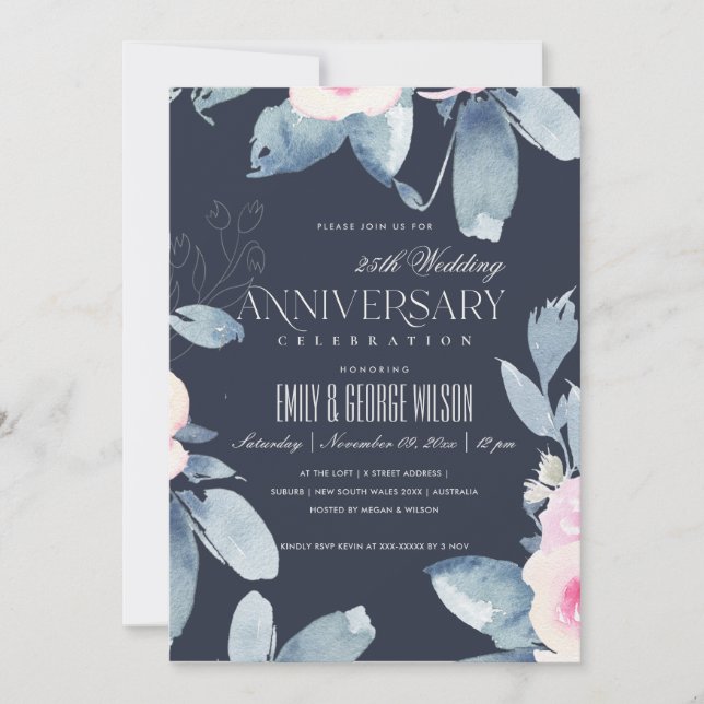 INVITACIÓN NAVY BLUSH AZUL FLORAL 25º ANIVERSARIO DE CUALQUIE (Anverso)