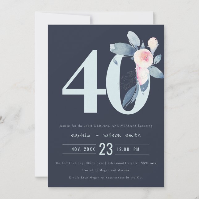 INVITACIÓN NAVY BLUSH AZUL FLORAL 40º ANIVERSARIO DE CUALQUIE (Anverso)