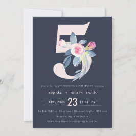 INVITACIÓN NAVY BLUSH AZUL FLORAL 5º ANIVERSARIO CUALQUIER AÑ