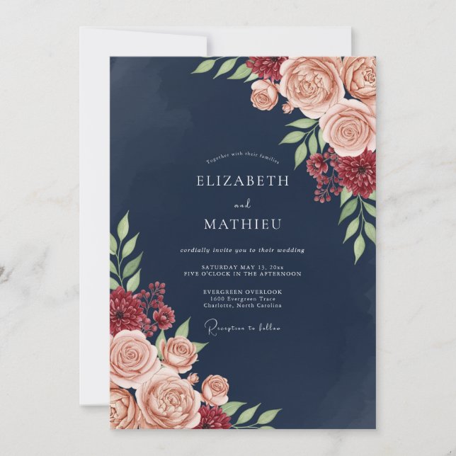 Invitación Navy Blush Bloom Romance Wedding (Anverso)