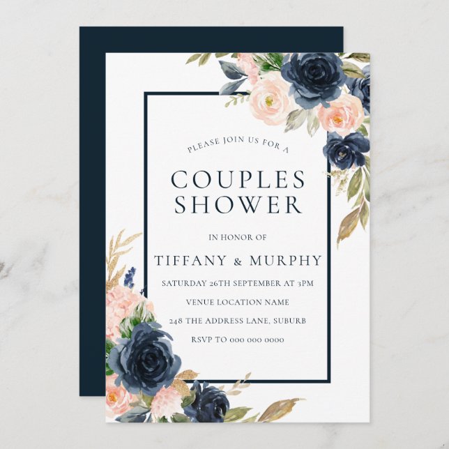 Invitación Navy & Blush Floral Elegante Ducha de Parejas (Anverso / Reverso)