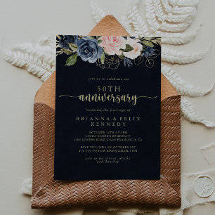 Invitación Navy Blush Floral Oro 50 Aniversario de Boda 