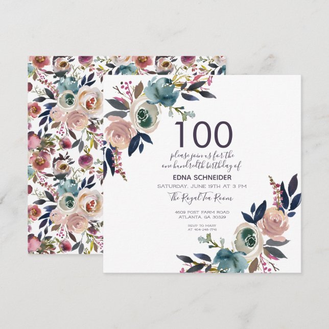 Invitación Navy & Blush Floral Vintage | Cumpleaños 100 (Anverso / Reverso)