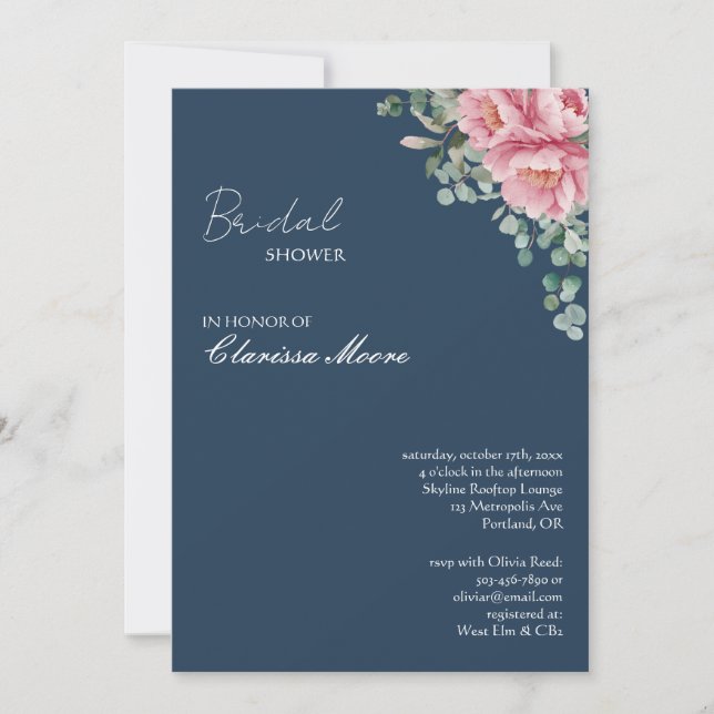 Invitación Navy Blush Peony Gold Frame Bridal Shower (Anverso)