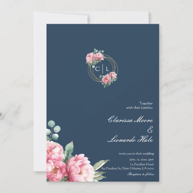 Invitación Navy Blush Peony Gold Frame Wedding  (Anverso)