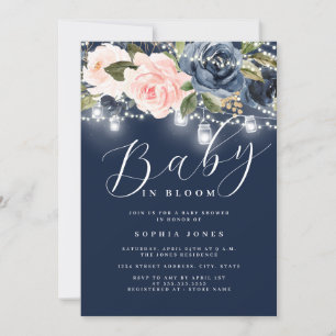 Invitación Navy Blush Rosa Floral Bebé En Flor Baby Shower