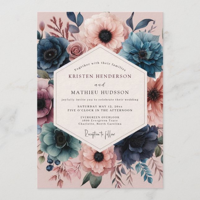 Invitación Navy Blush Vivid Flora Wedding (Anverso)