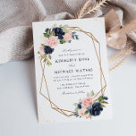 Invitación Navy & blush watercolor floral geometric wedding<br><div class="desc">A Navy blue and blush Floral design with a geometric frame with text in the middle. The pink blush and navy blue flowers are perfect for your summer and fall wedding themes. You can change the wording, text size, color and font on this template. The Navy background can also be...</div>