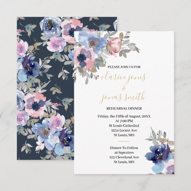 Invitación Navy & Blush Watercolor Flowers Rehearsal Dinner (Anverso / Reverso)