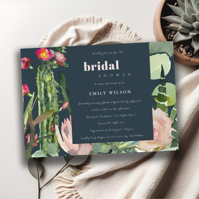 INVITACIÓN NAVY BOHO PINK FLORAL CACTI FOLIAGE BRIDAL DUCHA (Subido por el creador)