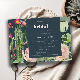 INVITACIÓN NAVY BOHO PINK FLORAL CACTI FOLIAGE BRIDAL DUCHA