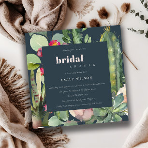 INVITACIÓN NAVY BOHO PINK FLORAL CACTI FOLIAGE BRIDAL DUCHA