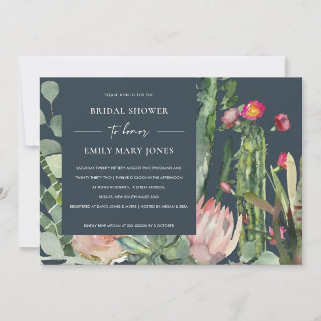 INVITACIÓN NAVY BOHO PINK FLORAL CACTUS FOLIAGE BRIDAL DUCHA (Anverso)