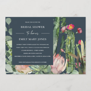 INVITACIÓN NAVY BOHO PINK FLORAL CACTUS FOLIAGE BRIDAL DUCHA