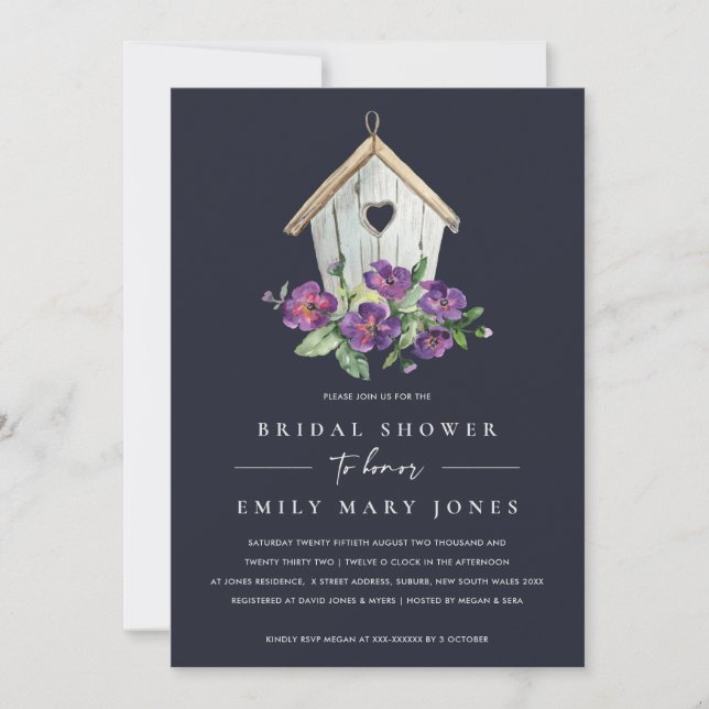 INVITACIÓN NAVY BOHO RUSTIC FLORAL BIRDHOUSE BRIDAL DUCHA (Anverso)