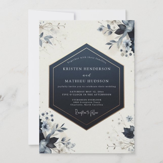 Invitación Navy Botanical Bloom Wedding (Anverso)