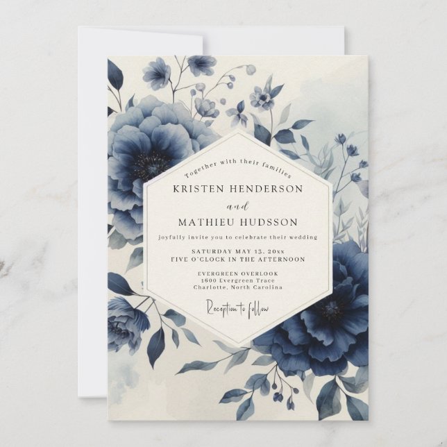 Invitación Navy Botanical Moody Wedding (Anverso)