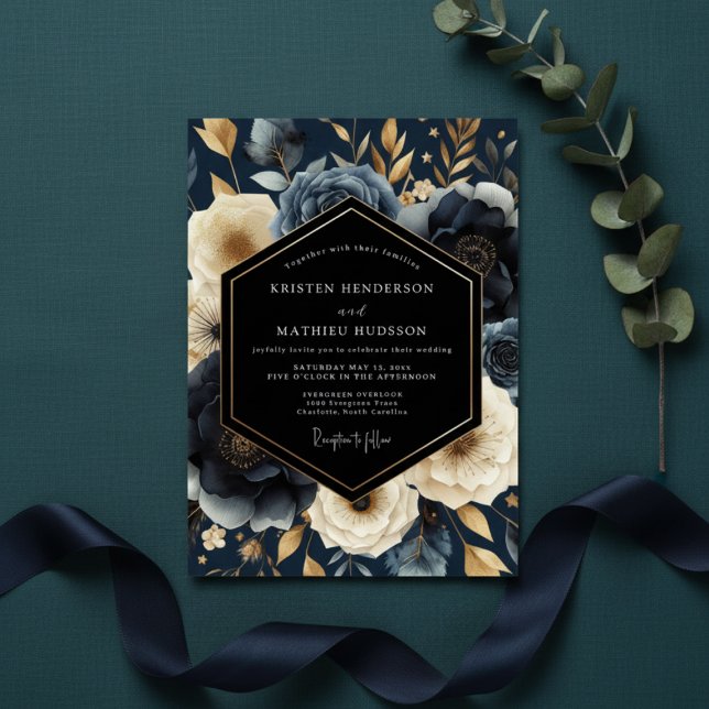 Invitación Navy Botanical Opulent Wedding (Subido por el creador)