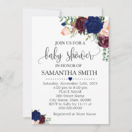 Invitación Navy Burgudy floral romántico boho bebé ducha