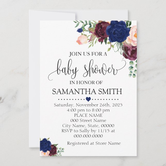 Invitación Navy Burgudy floral romántico boho bebé ducha (Anverso)