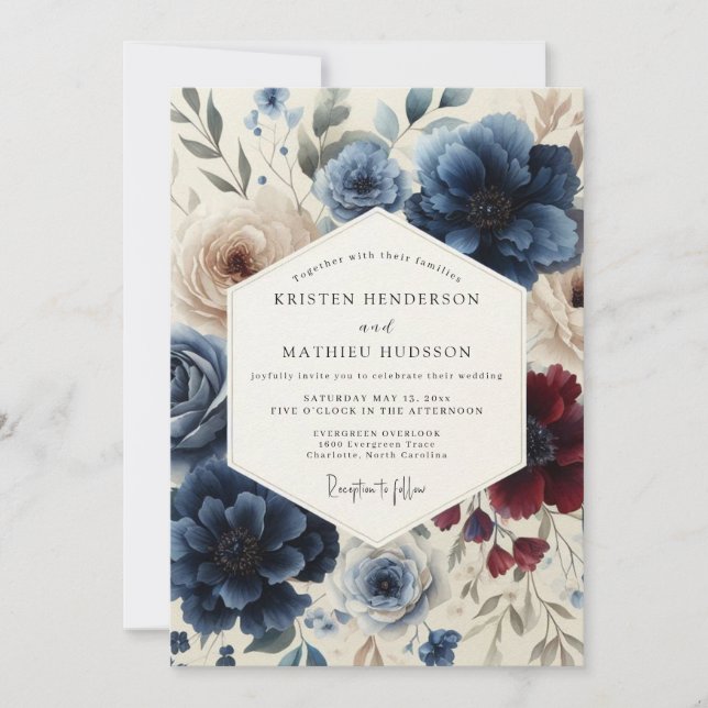 Invitación Navy & Burgundy Classic Floral Wedding (Anverso)
