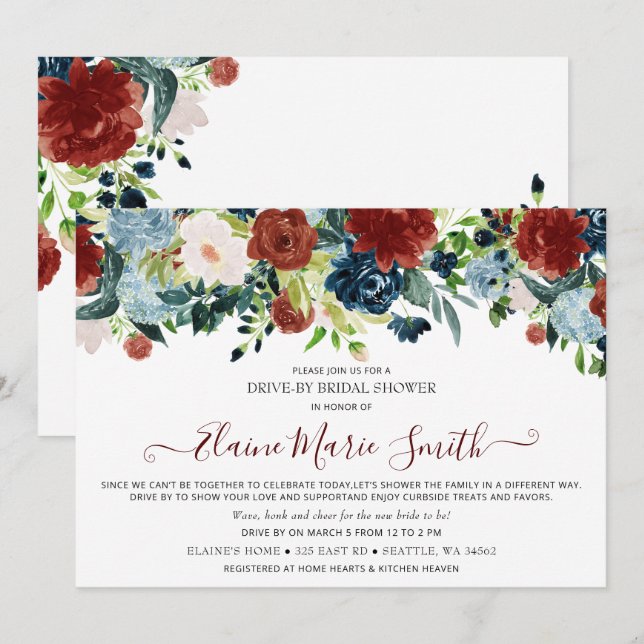 Invitación Navy Burgundy Floral Drive a Través De La Ducha Br (Anverso / Reverso)