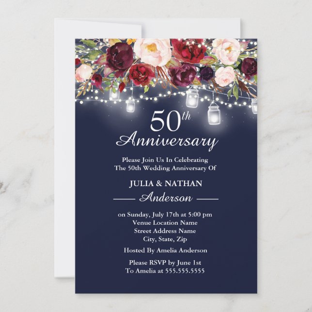 Invitación Navy Burgundy Floral ilumina 50 años (Anverso)