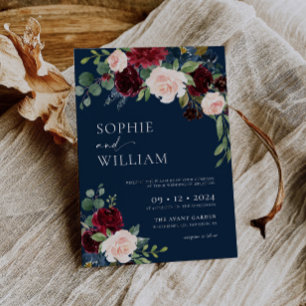Invitación Navy Burgundy Floral Wedding Invitation