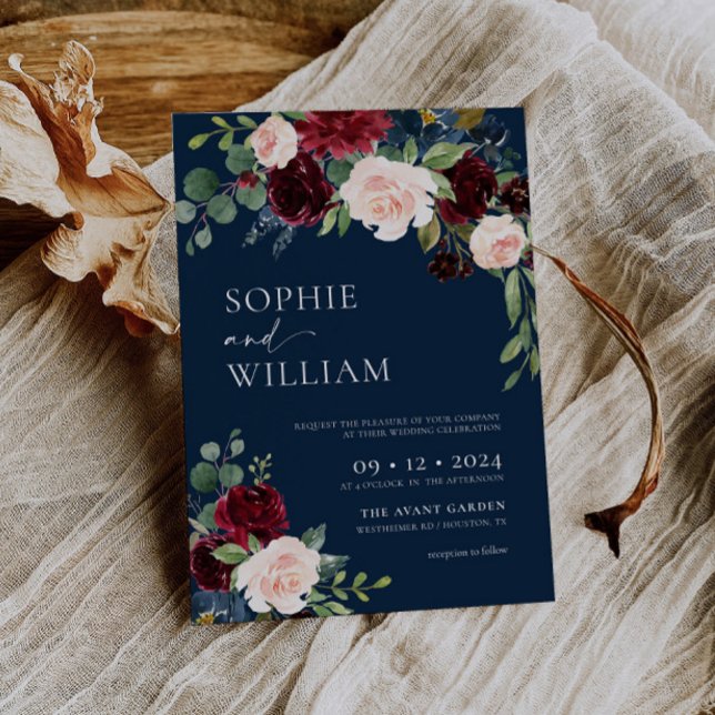 Invitación Navy Burgundy Floral Wedding Invitation (Subido por el creador)