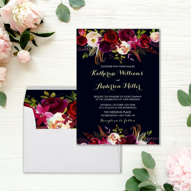 Invitación Navy Burgundy Marsala Boho Boda de otoño con flore (Subido por el creador)