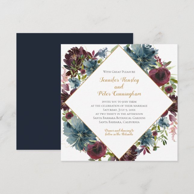 Invitación Navy Burgundy Marsala Gold Floral | Boda cuadrado (Anverso / Reverso)