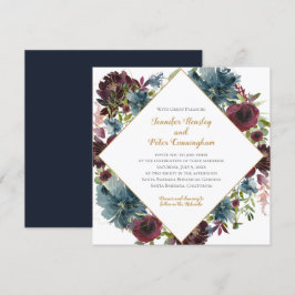 Invitación Navy Burgundy Marsala Gold Floral | Boda cuadrado