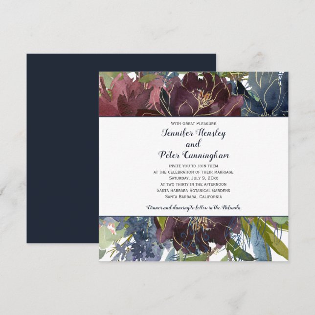 Invitación Navy Burgundy Marsala Gold Floral | Boda cuadrado (Anverso / Reverso)