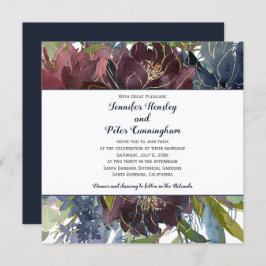 Invitación Navy Burgundy Marsala Gold Floral | Boda cuadrado