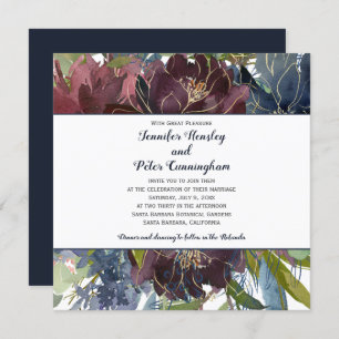Invitación Navy Burgundy Marsala Gold Floral   Boda cuadrado