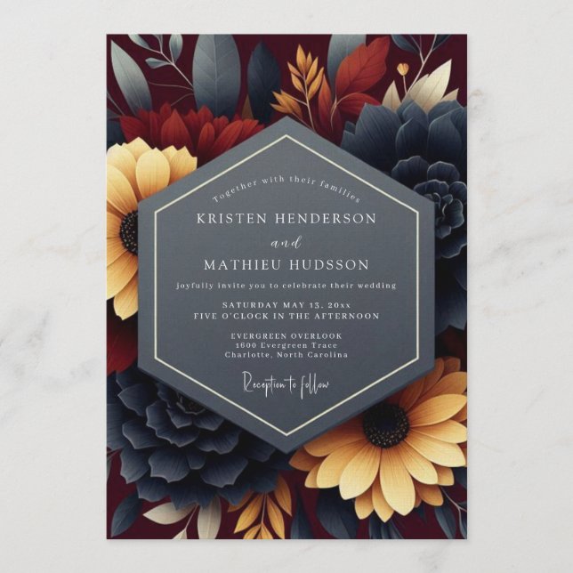 Invitación Navy Burgundy Moody Autumnal Wedding (Anverso)