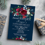 Invitación Navy burgundy peonías invierno floral 16<br><div class="desc">Moda floral elegante dulce de invierno de 16/16 años, plantilla de invitación de fiesta sobre azul marino oscuro de medianoche con rosas de peones burdeos rojos y ramas de abetos de temporada verde pino y follaje. Rellene su información en los puntos, Puede elegir personalizar de color de fondo, fuentes y...</div>