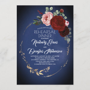 Invitación Navy Burgundy Rojo Oro Floral Ensayo Cena