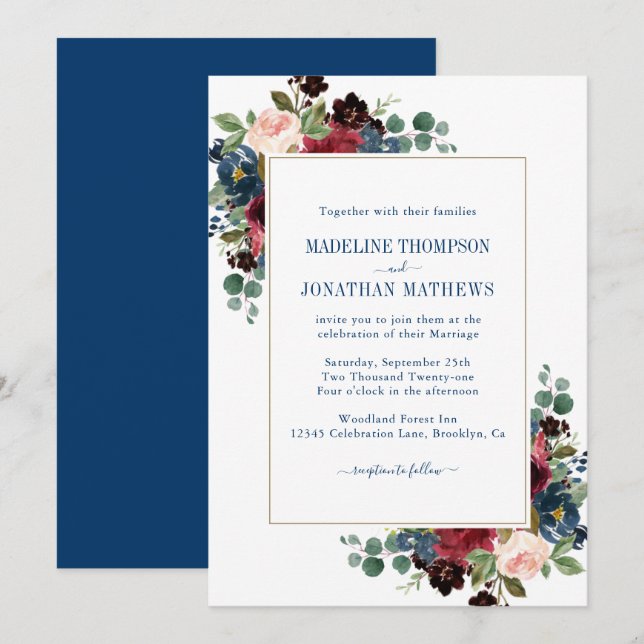 Invitación Navy Burgundy Rubor Peonies Eucalyptus Boda (Anverso / Reverso)