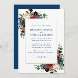 Invitación Navy Burgundy Rubor Peonies Eucalyptus Boda