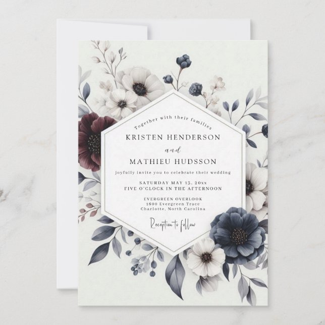 Invitación Navy Burgundy Winter Bloom Wedding (Anverso)